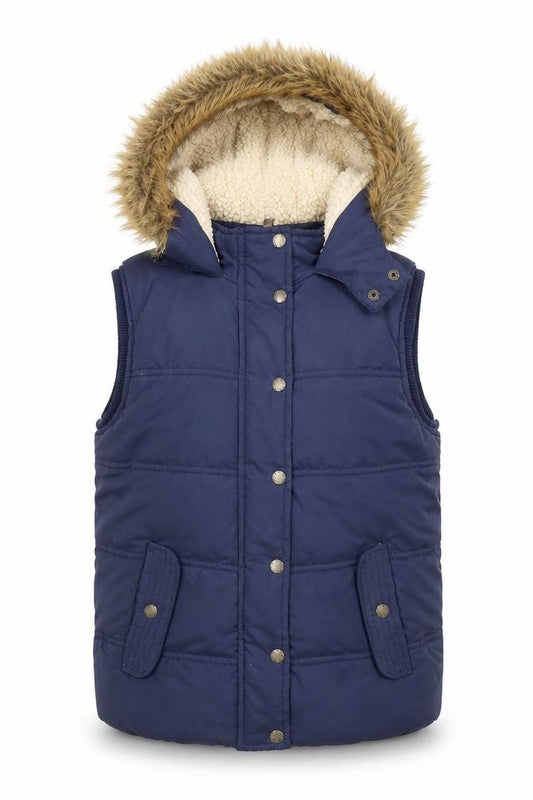 FatFace Girls Blue Faux Fur Hooded Puffer Gilet 10-11 Years
