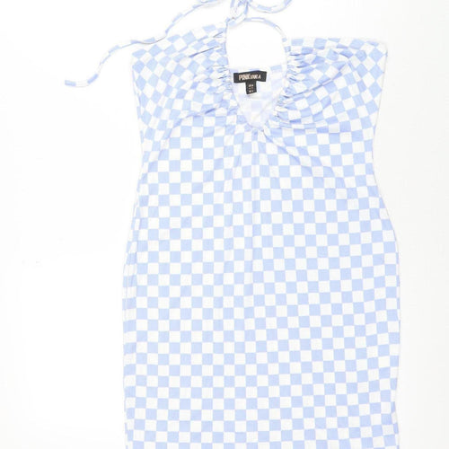 Pink Vanilla Women's Blue Check Bodycon Halter Dress M
