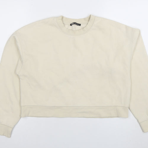 Zara Women Beige Crew Neck Pullover Sweatshirt Size S Cotton Blend