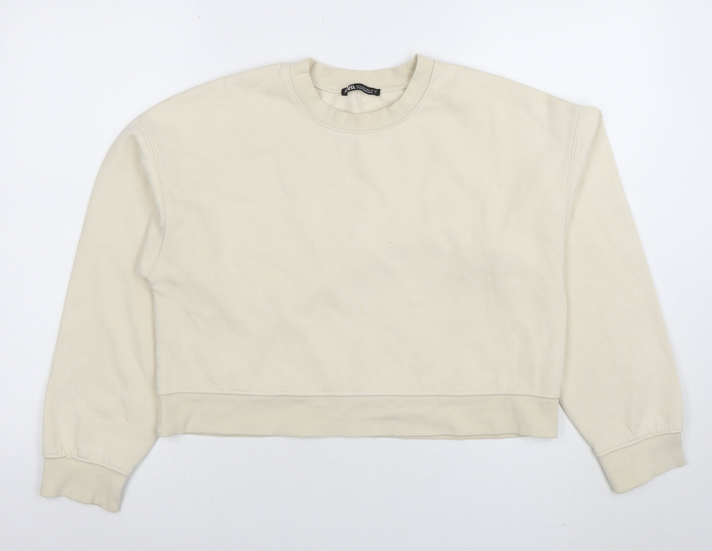 Zara Women Beige Crew Neck Pullover Sweatshirt Size S Cotton Blend