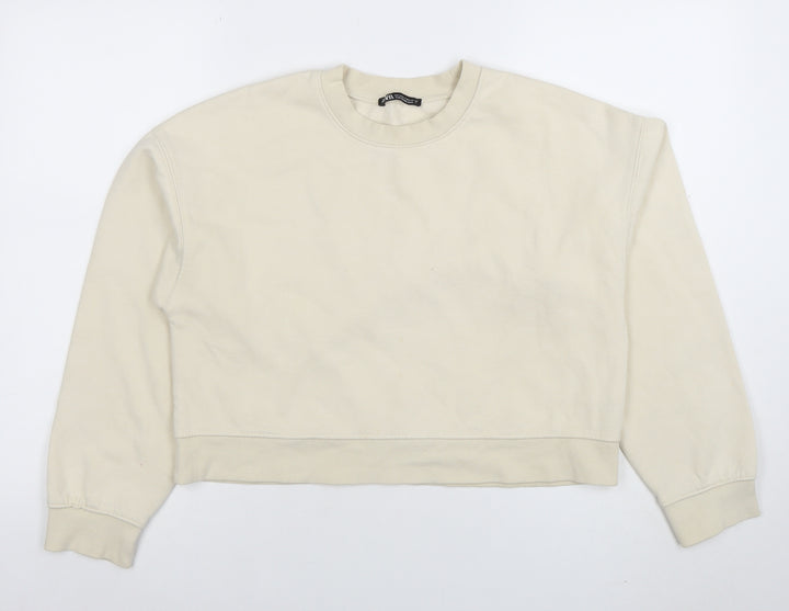 Zara Women Beige Crew Neck Pullover Sweatshirt Size S Cotton Blend