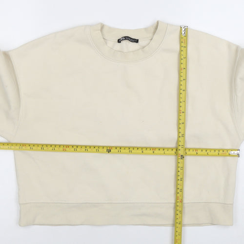 Zara Women Beige Crew Neck Pullover Sweatshirt Size S Cotton Blend