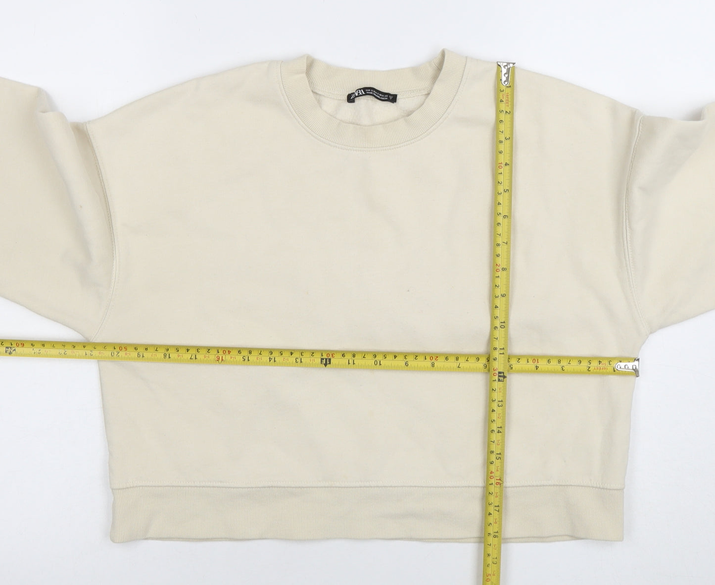 Zara Women Beige Crew Neck Pullover Sweatshirt Size S Cotton Blend