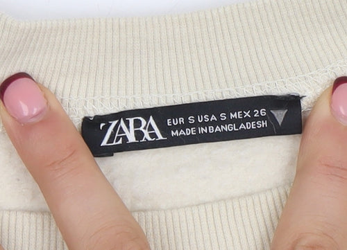 Zara Women Beige Crew Neck Pullover Sweatshirt Size S Cotton Blend