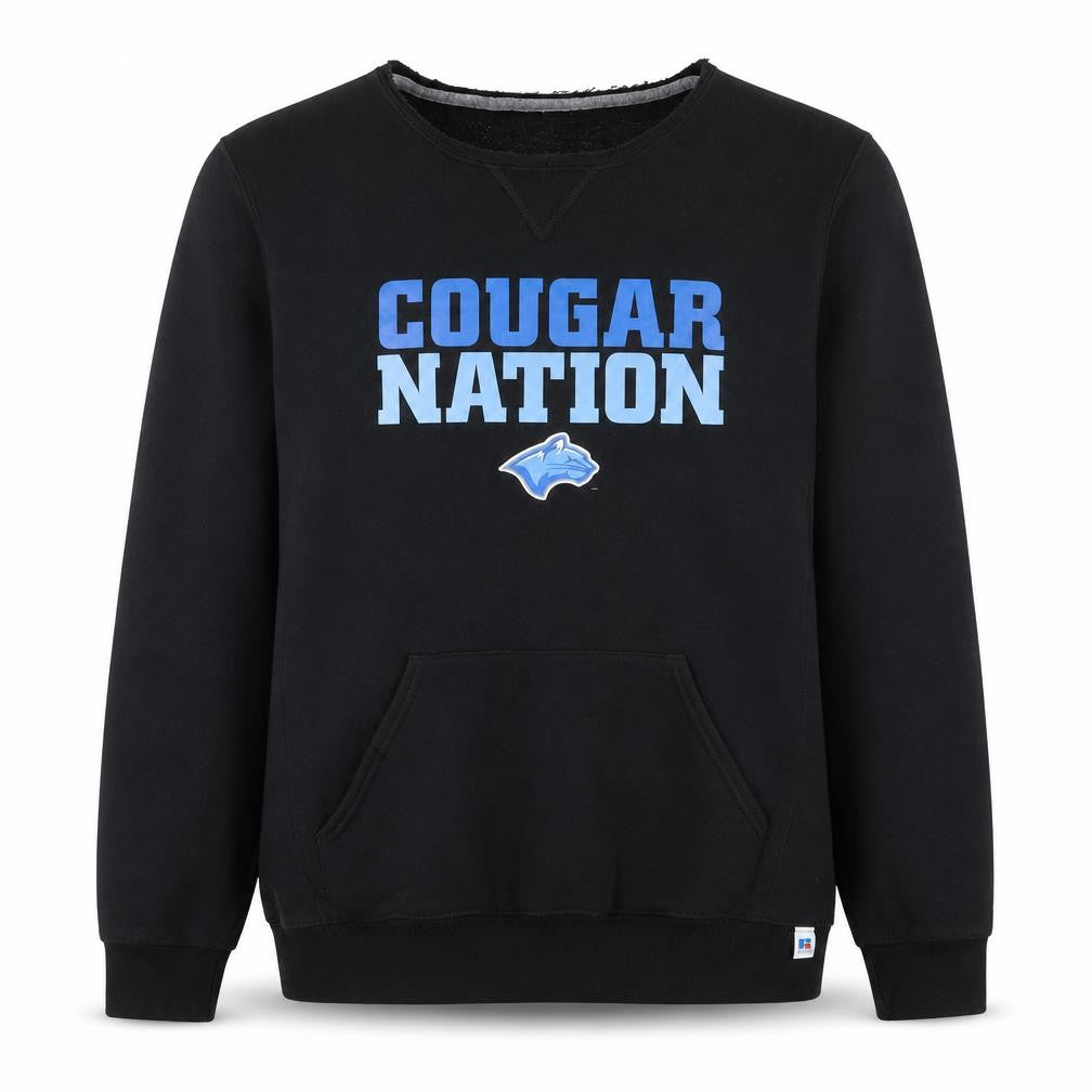 Front view of Russell Athletic Men's Black Cougar Nation Pullover Sweatshirt, size M