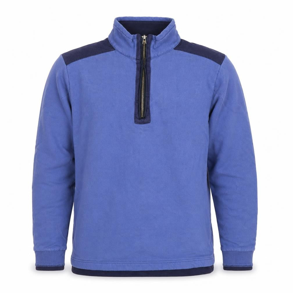Front view of One Earth Men’s Blue 1/4 Zip Organic Cotton Pullover Sweatshirt, size S