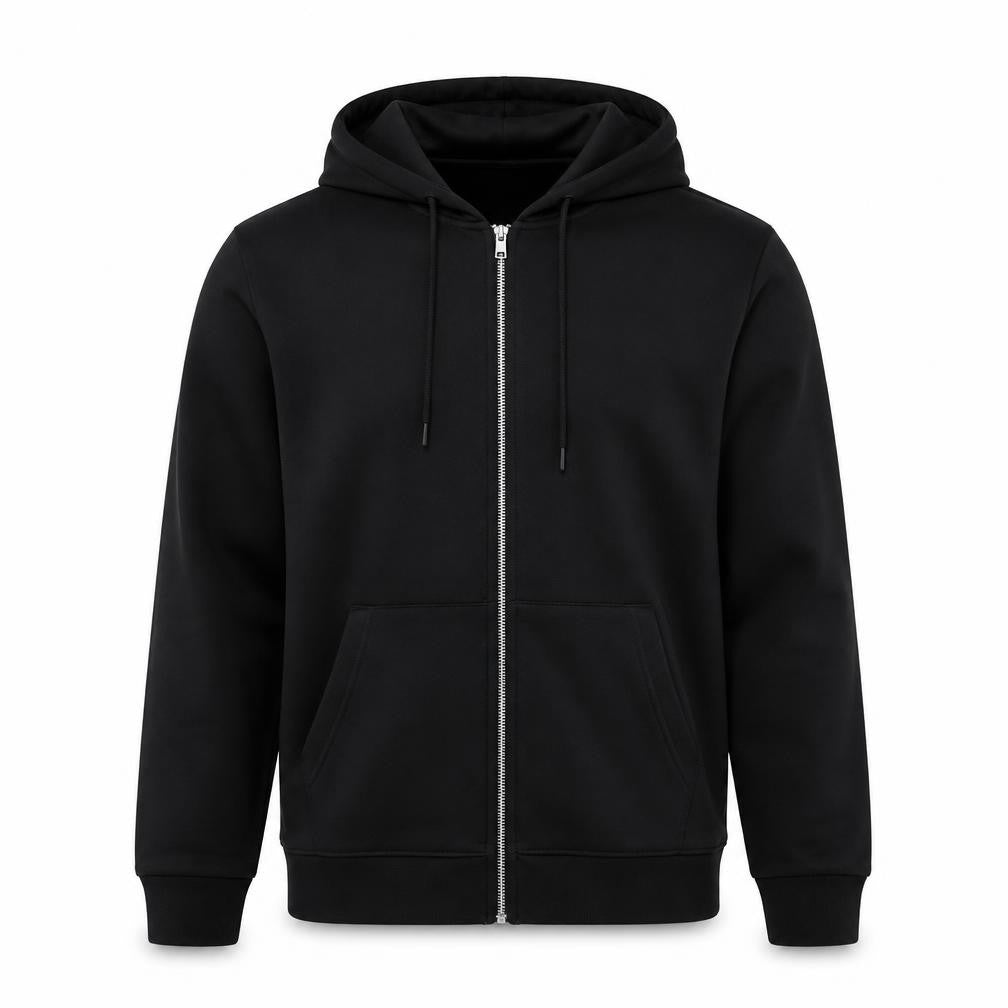 Front view of DON'T THINK TWICE men’s black full zip hoodie, size L, polyester