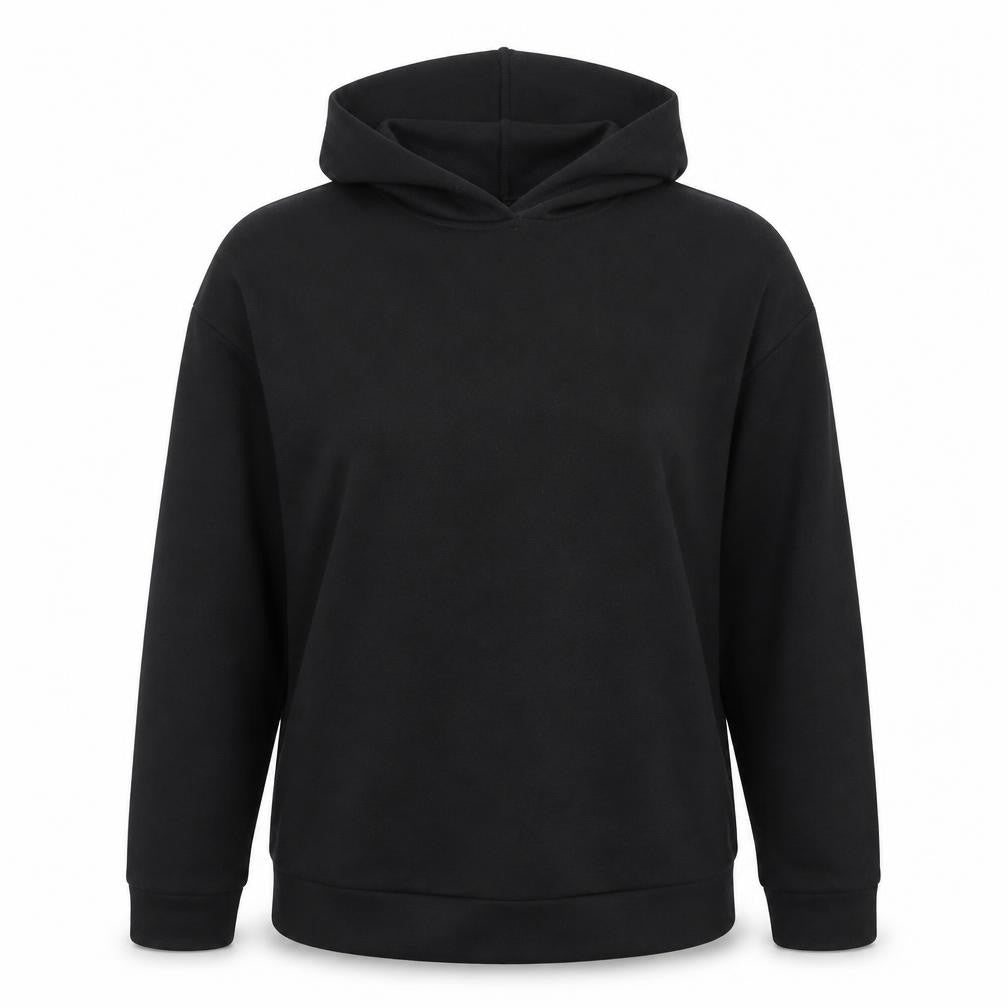 Front view of Stradivarius women’s black pullover hoodie, size L, viscose blend