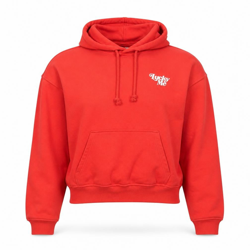 Front view of H&M Divided Women's Red Pullover Hoodie Size Small Lucky Me Print