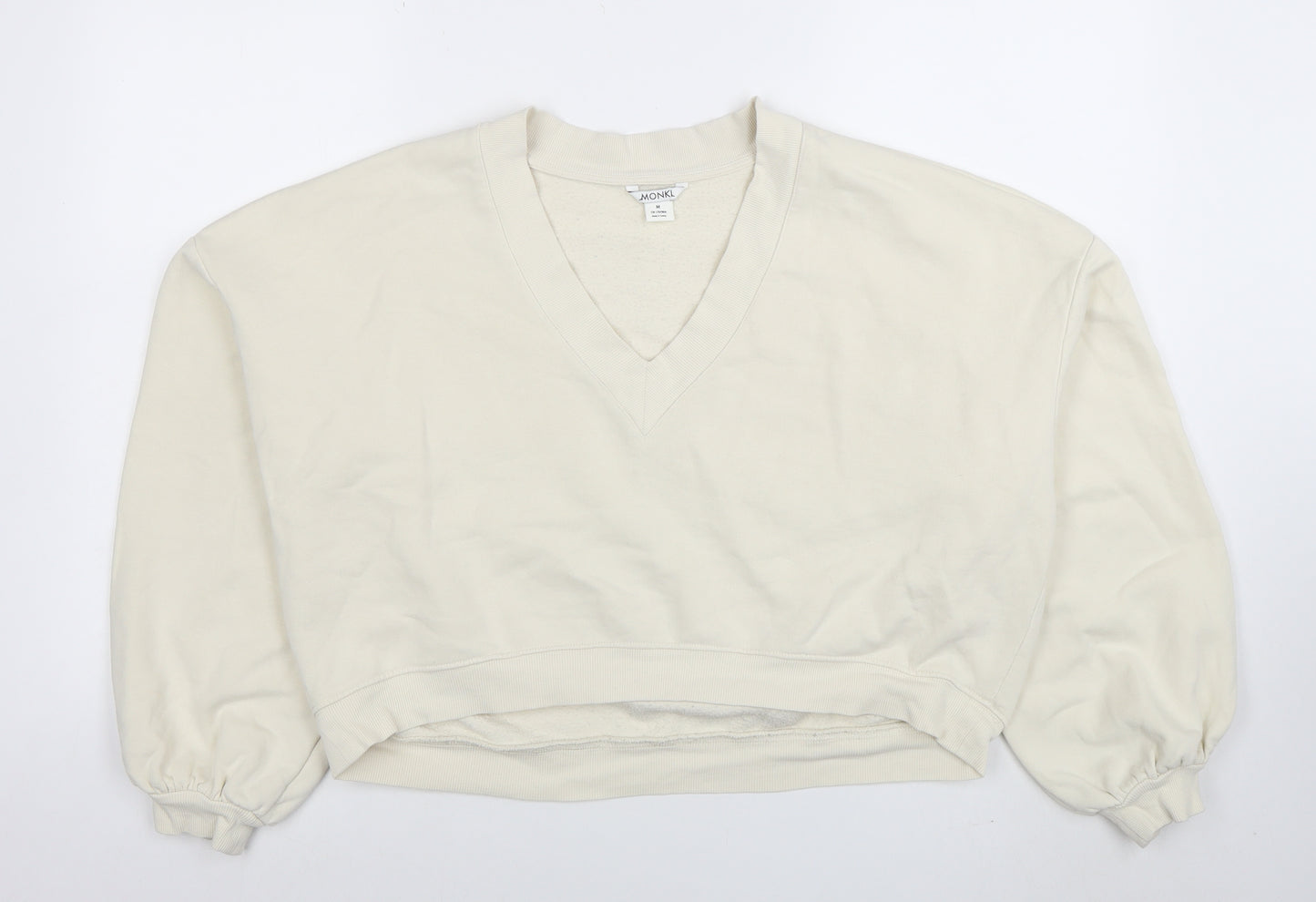 Monki Womens Beige V-Neck Pullover Sweatshirt Size 12 Cotton Blend