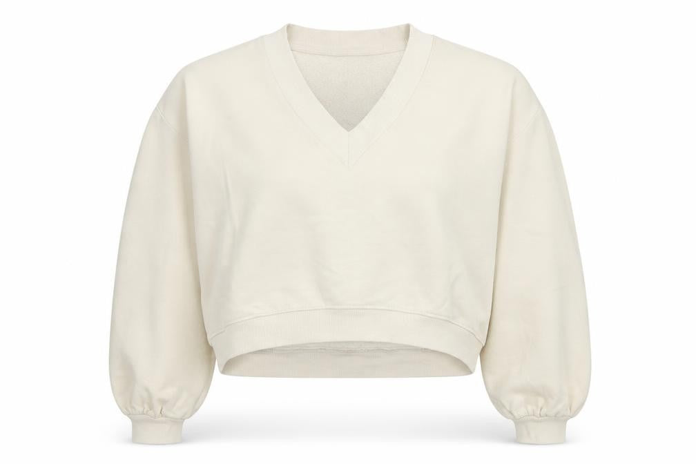 Front view of Monki women’s beige v-neck pullover sweatshirt, size UK 12, cotton blend