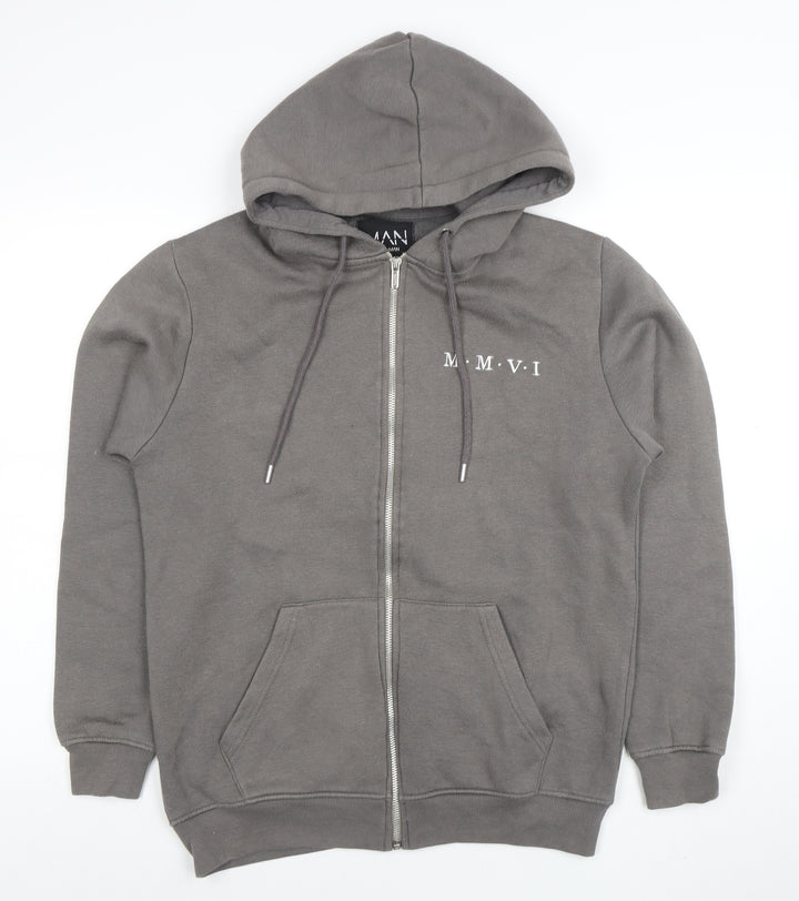 boohooMAN Men's Grey Full Zip Hoodie Size S Cotton Blend