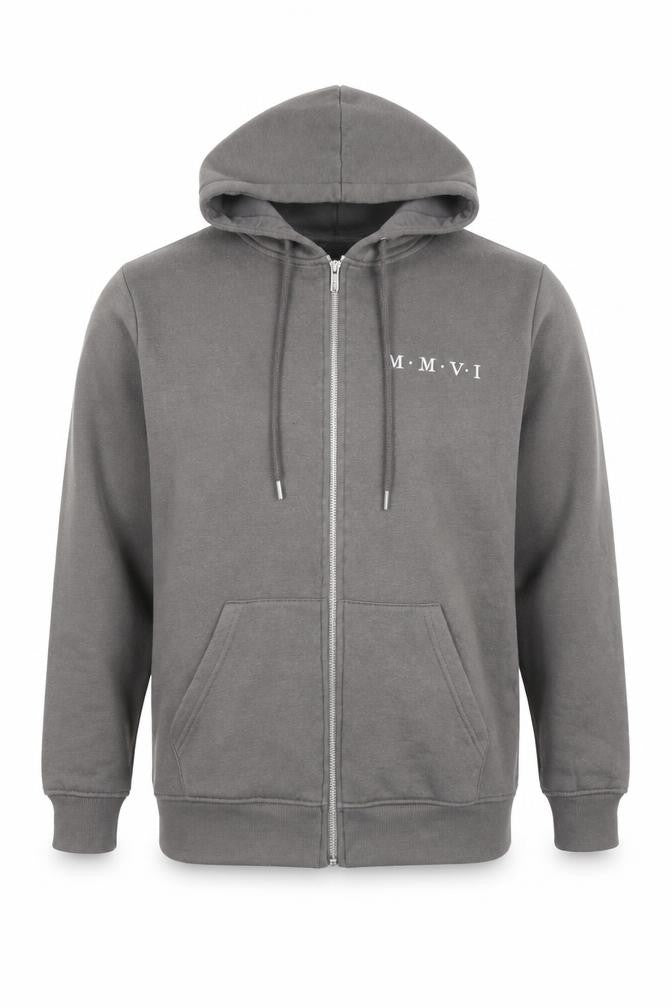 Front view of boohooMAN Men's Grey Full Zip Hoodie, size S, Cotton Blend
