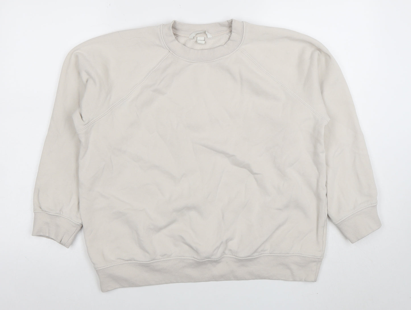 H&M Women Beige Cotton Blend Crew Neck Pullover Sweatshirt Size S