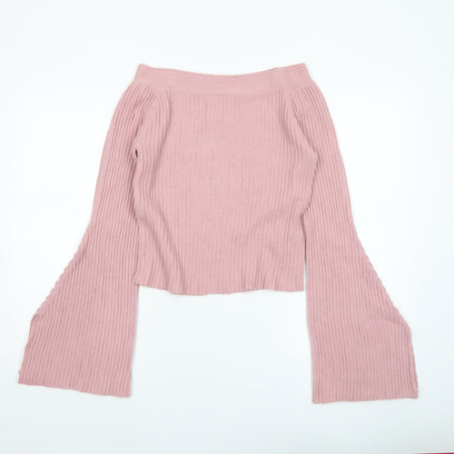 Romwe Womens Pink Ribbed Bell Sleeve Knit Jumper Size 8
