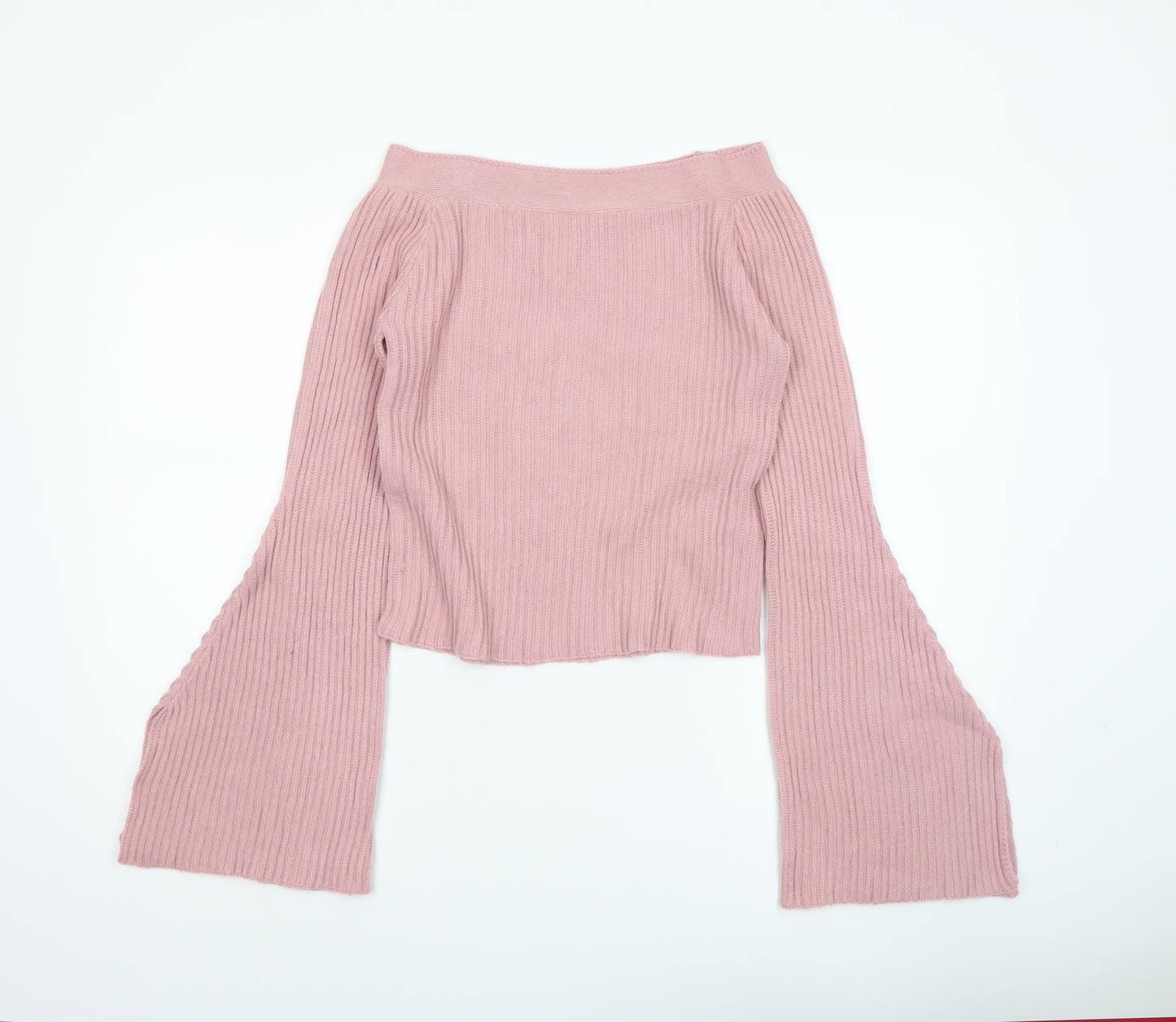 Romwe Womens Pink Ribbed Bell Sleeve Knit Jumper Size 8