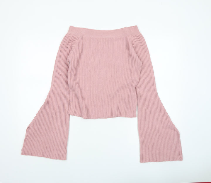 Romwe Womens Pink Ribbed Bell Sleeve Knit Jumper Size 8