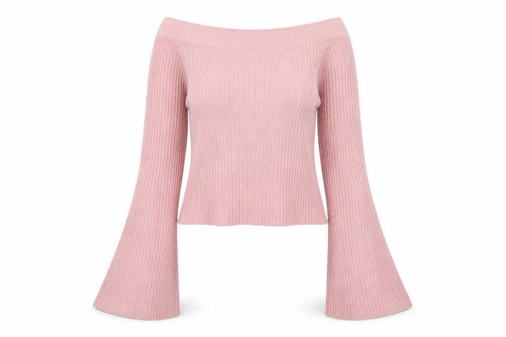 Front view of ROMWE women’s pink ribbed bell sleeve knit jumper, size UK 8