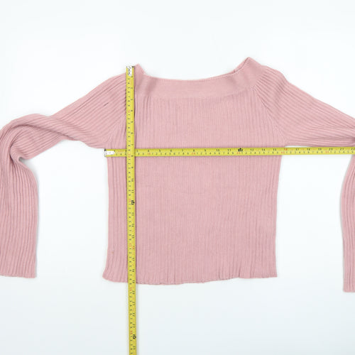 Romwe Womens Pink Ribbed Bell Sleeve Knit Jumper Size 8