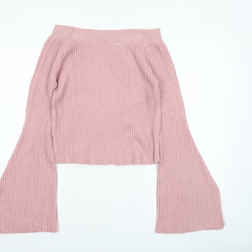 Romwe Womens Pink Ribbed Bell Sleeve Knit Jumper Size 8