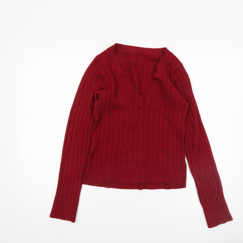 SHEIN Women's Red V-Neck Cable-Knit Long Sleeve Jumper Size 14