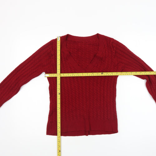 SHEIN Women's Red V-Neck Cable-Knit Long Sleeve Jumper Size 14