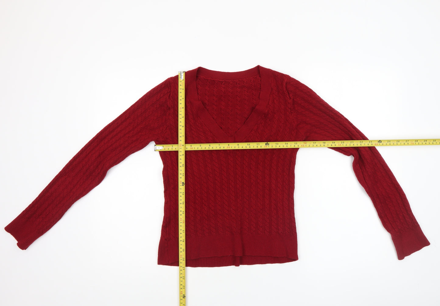SHEIN Women's Red V-Neck Cable-Knit Long Sleeve Jumper Size 14