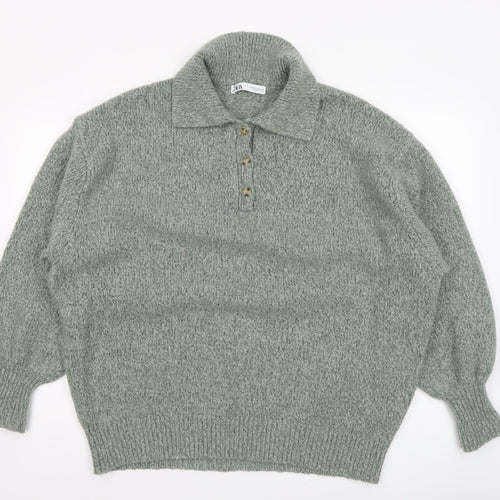 Zara Womens Green Collared Henley Knit Jumper Size 12
