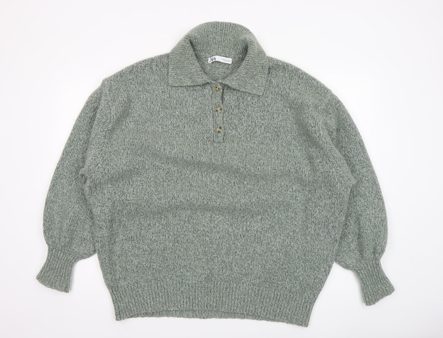 Zara Womens Green Collared Henley Knit Jumper Size 12
