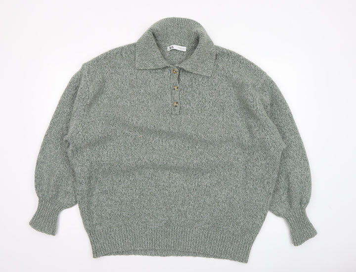 Zara Womens Green Collared Henley Knit Jumper Size 12