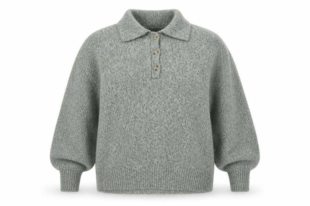 Front view of Zara women’s green collared henley knit jumper, size UK 12