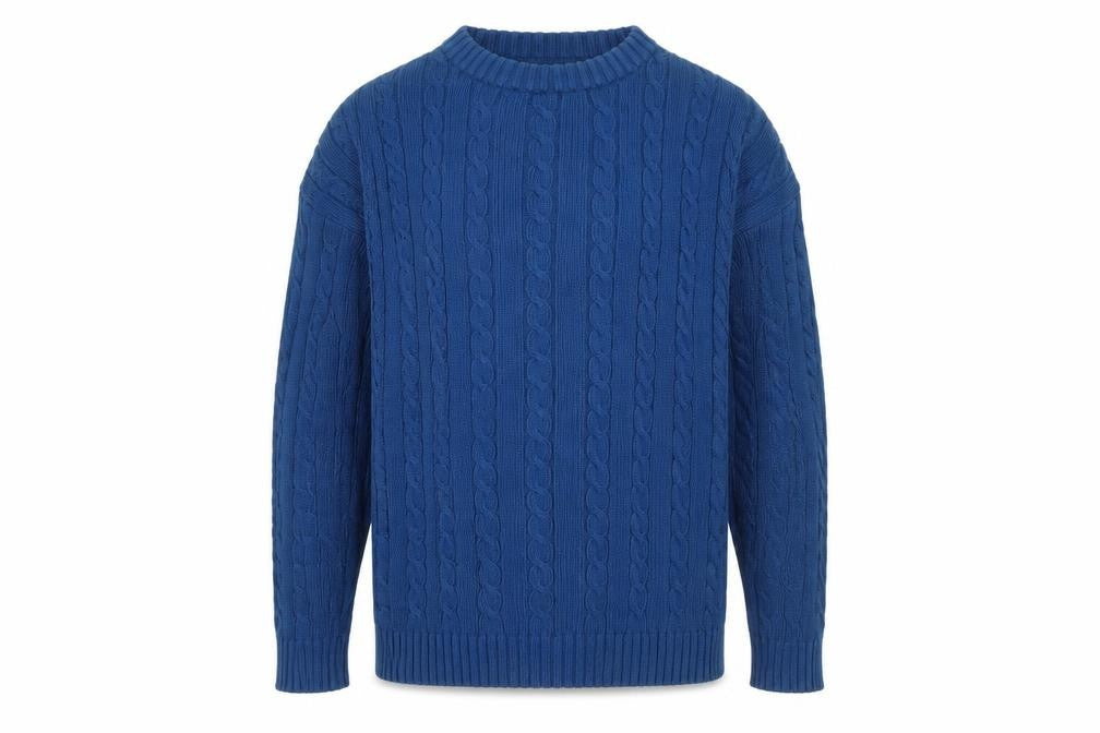 Front view of Enrico Gorlan Men’s Blue Cotton Cable Knit Crew Jumper Large