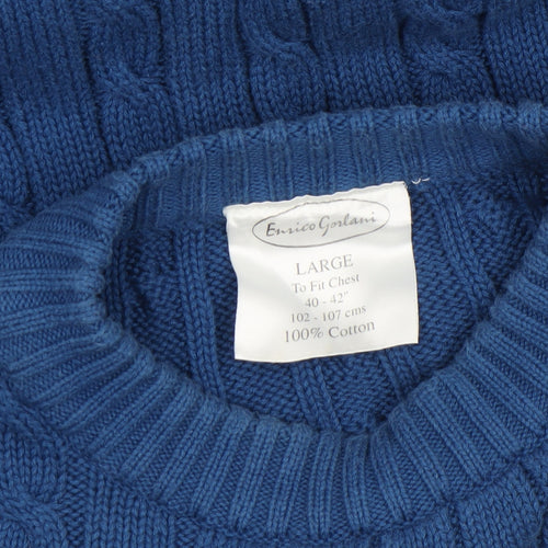 Enrico Gorlan Men’s Blue Cotton Cable Knit Crew Jumper Large