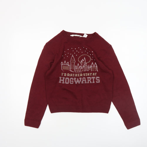 H&M Girls Burgundy Hogwarts Jumper 10-12 Years Acrylic Knit Crew Neck