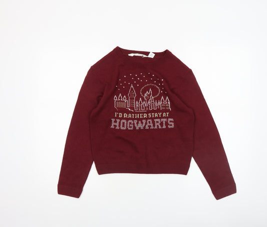 H&M Girls Burgundy Hogwarts Jumper 10-12 Years Acrylic Knit Crew Neck