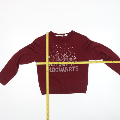 H&M Girls Burgundy Hogwarts Jumper 10-12 Years Acrylic Knit Crew Neck