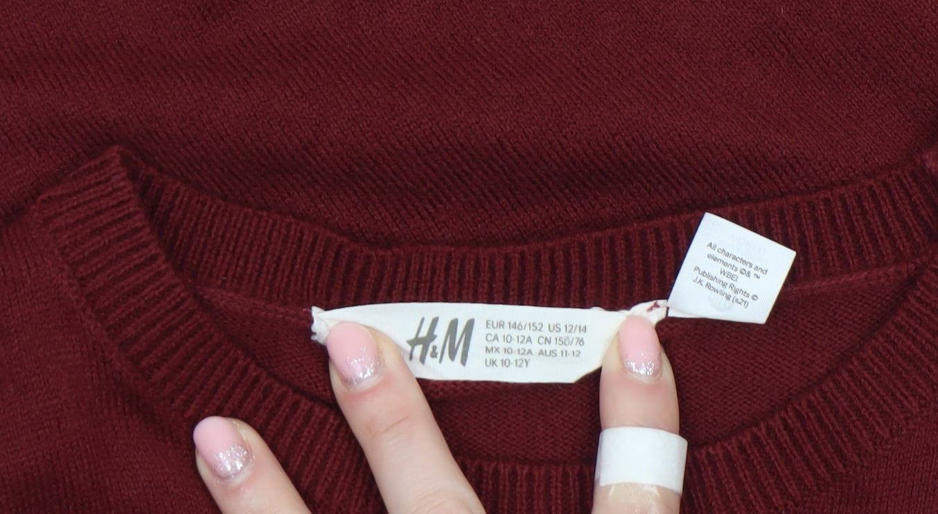 H&M Girls Burgundy Hogwarts Jumper 10-12 Years Acrylic Knit Crew Neck