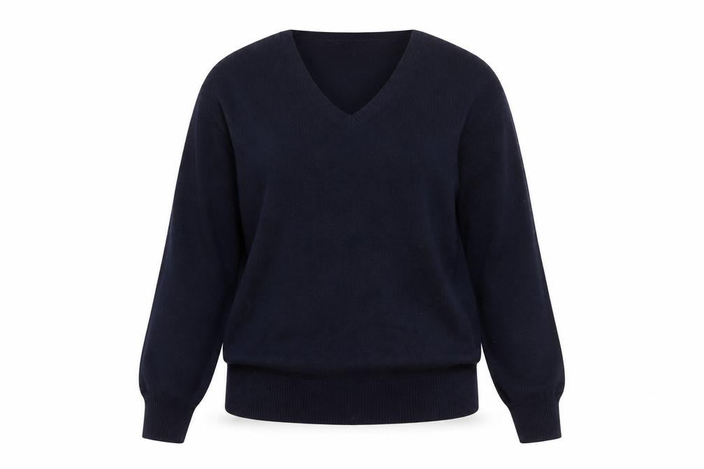 Front view of M&Node Women's Navy V-Neck Long Sleeve Jumper, size L