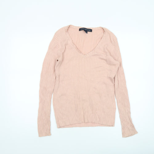 French Connection Womens Beige V-Neck Ribbed Knit Jumper Size S