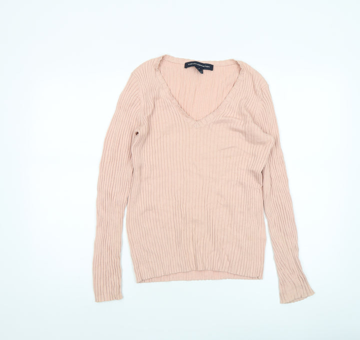 French Connection Womens Beige V-Neck Ribbed Knit Jumper Size S