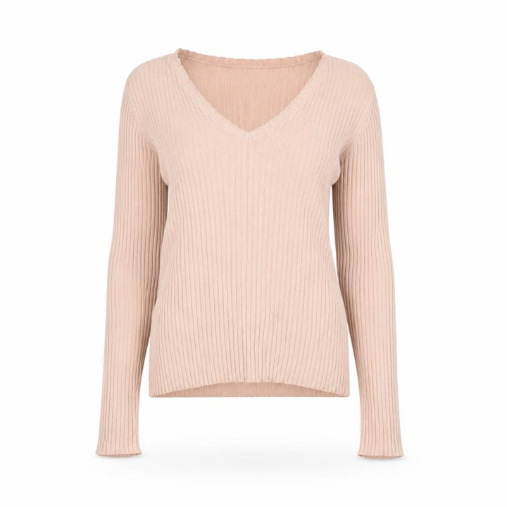 French Connection Womens Beige V-Neck Ribbed Knit Jumper Size S