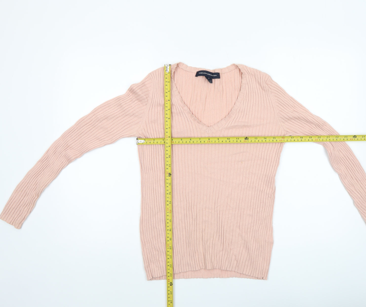 French Connection Womens Beige V-Neck Ribbed Knit Jumper Size S