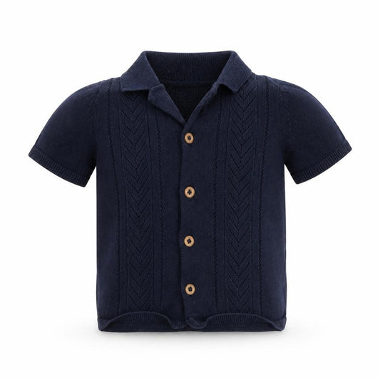 Front view of F&F unisex baby navy blue cotton collared short sleeve button cardigan 6-9m