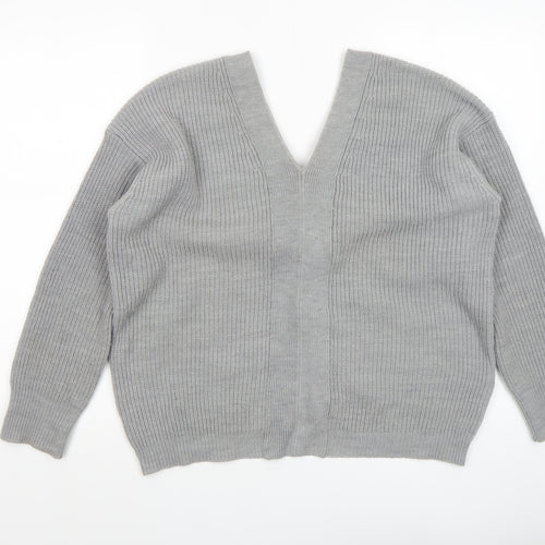 DKNY Women’s Grey V-Neck Lace-Up Ribbed Knit Jumper Size M