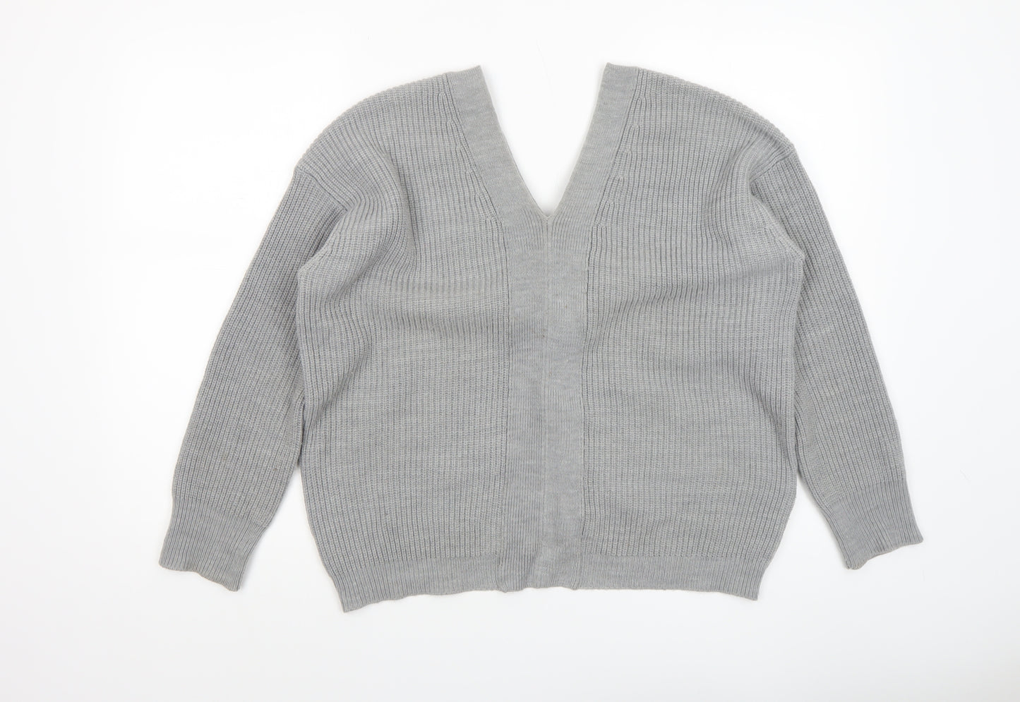 DKNY Women’s Grey V-Neck Lace-Up Ribbed Knit Jumper Size M