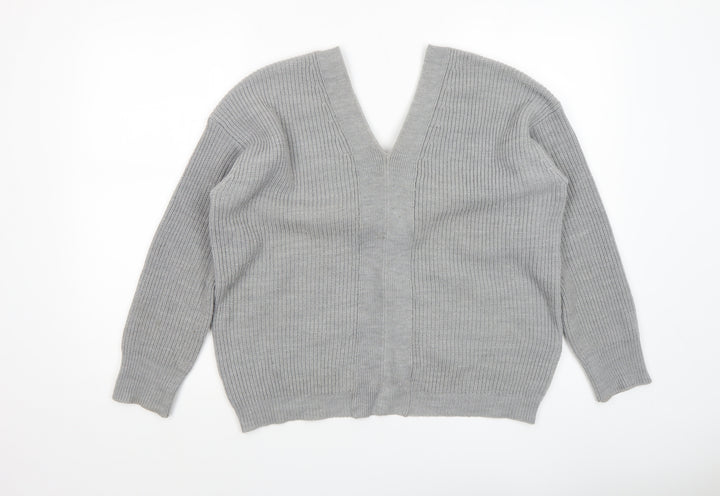 DKNY Women’s Grey V-Neck Lace-Up Ribbed Knit Jumper Size M