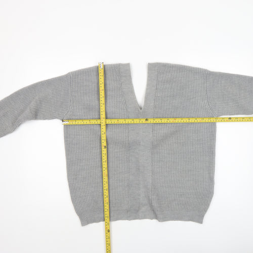 DKNY Women’s Grey V-Neck Lace-Up Ribbed Knit Jumper Size M