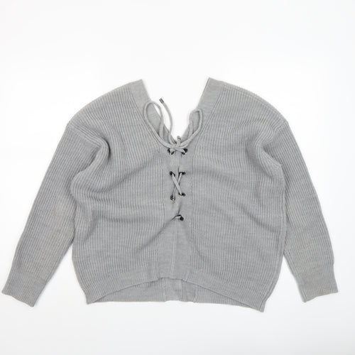 DKNY Women’s Grey V-Neck Lace-Up Ribbed Knit Jumper Size M