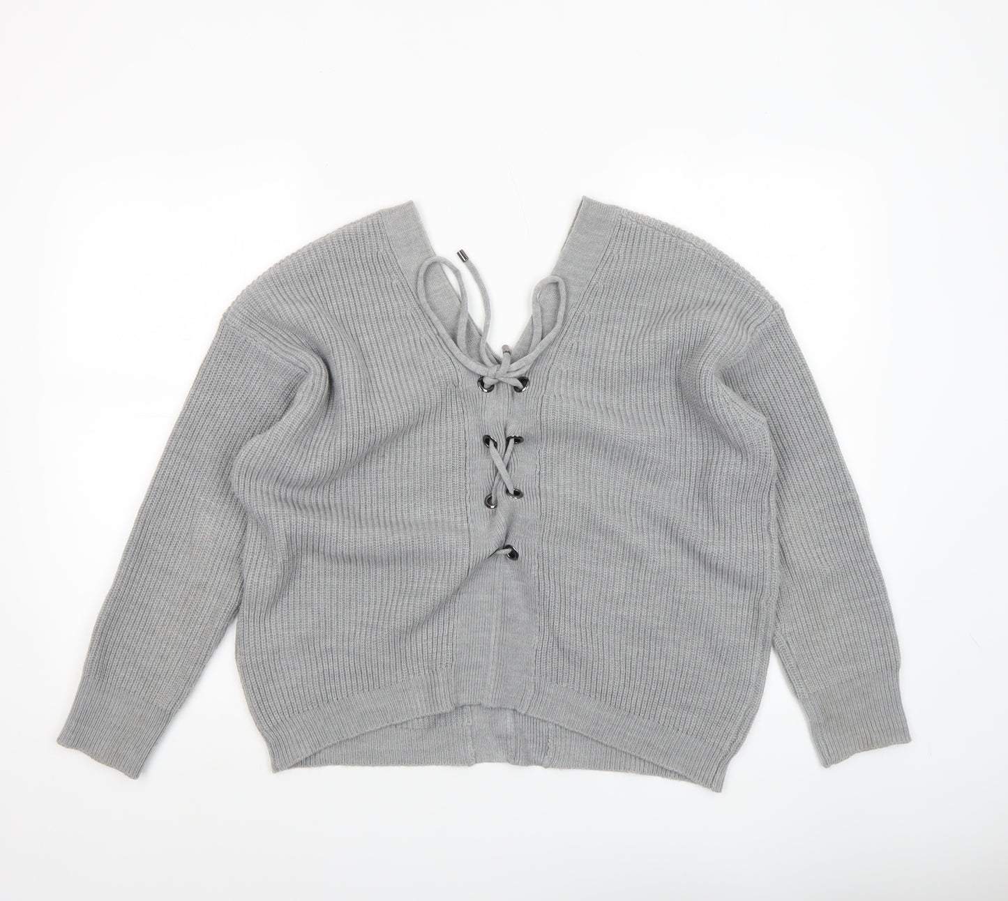 DKNY Women’s Grey V-Neck Lace-Up Ribbed Knit Jumper Size M