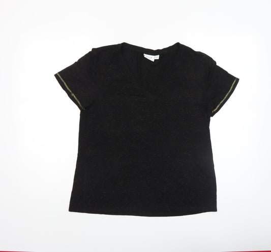 Vila Women’s Black Glitter Short Sleeve V-Neck Cotton Blend T-Shirt Size 10